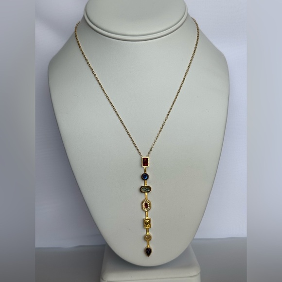 Elegant Gold Multi-Stone Pendant Y Long Necklace - Picture 2 of 3